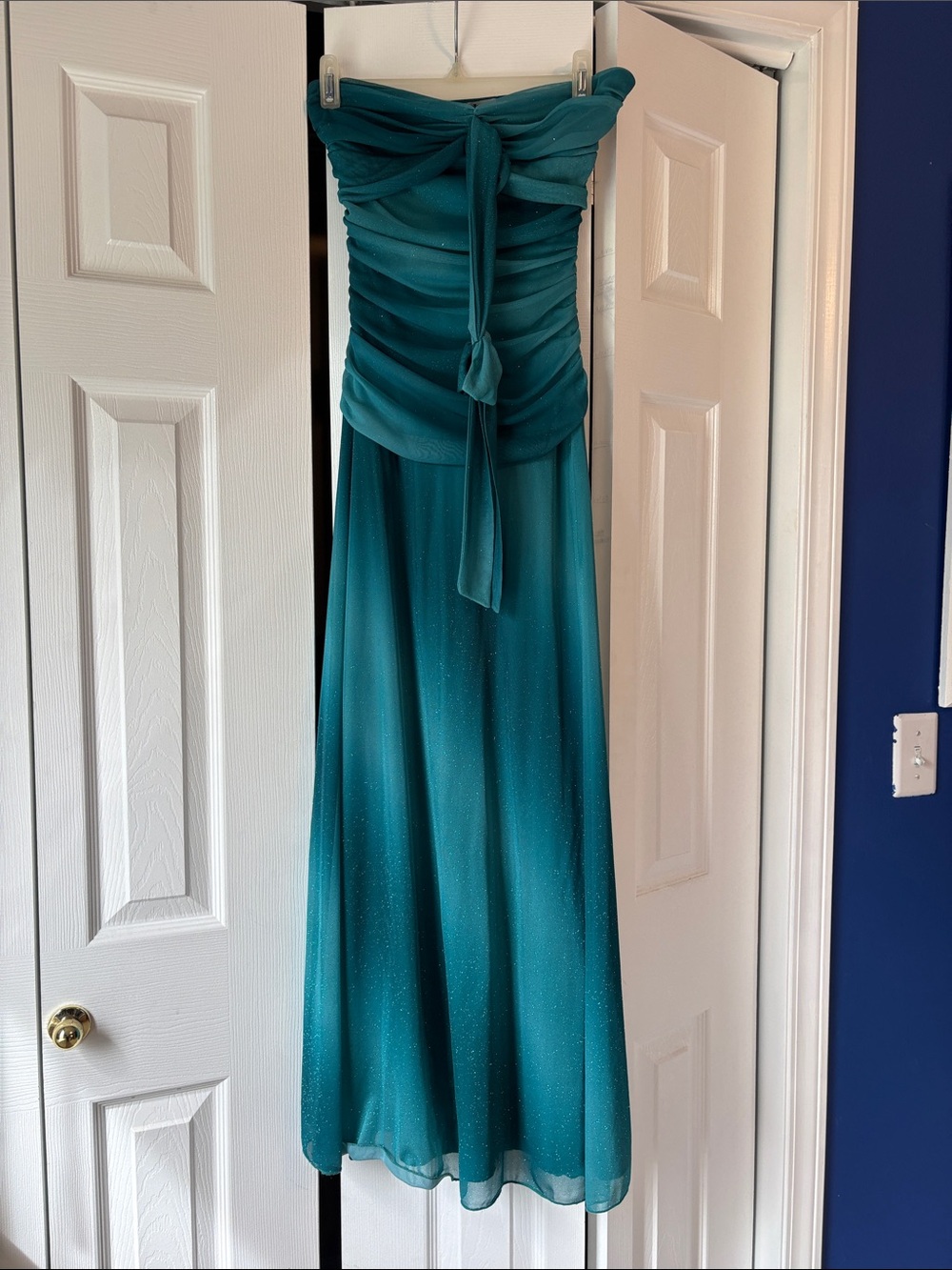 Trixxi Strapless Teal Evening Dress with Tie Neck Strap